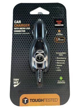 Tough Tested Micro USB Car Charger With Quick Charge and 8 ft Cord NEW